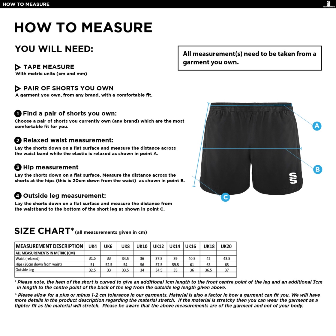 Ladies Kit - Performance Gym Short - Ladies Fit - Size Guide