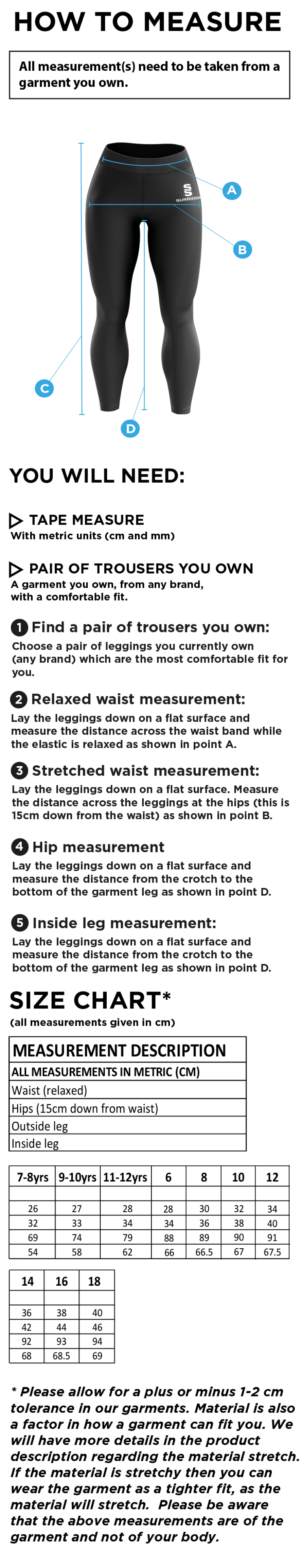 Ladies Kit - Performance Full Length Leggings - Size Guide
