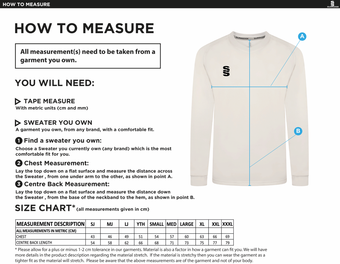 Playing Kit - Blast Long Sleeve Cricket Sweater - Size Guide