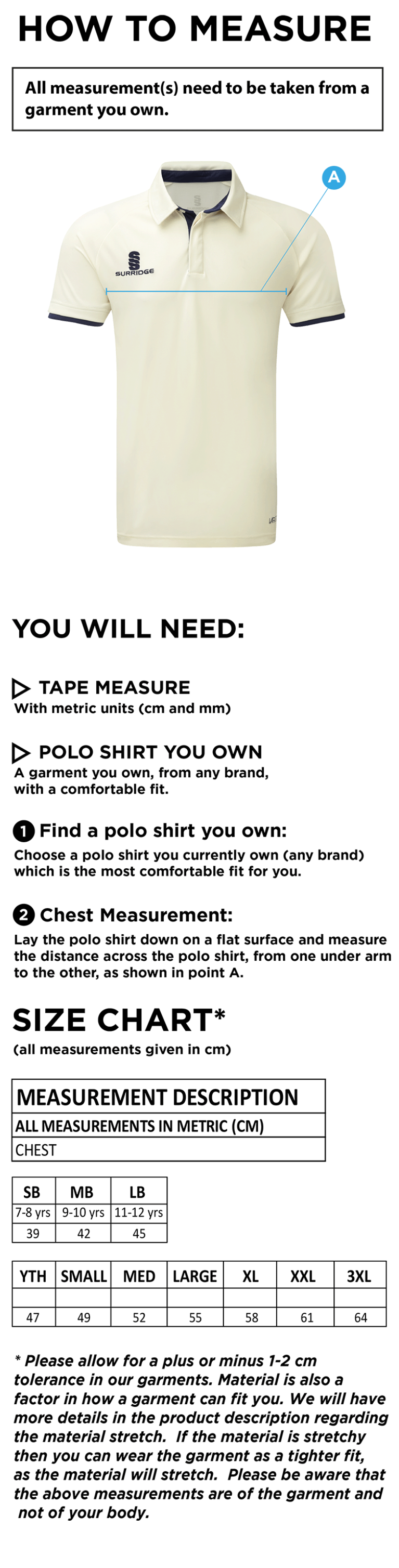 Playing Kit - Dual Cricket Shirt Short Sleeve - Size Guide