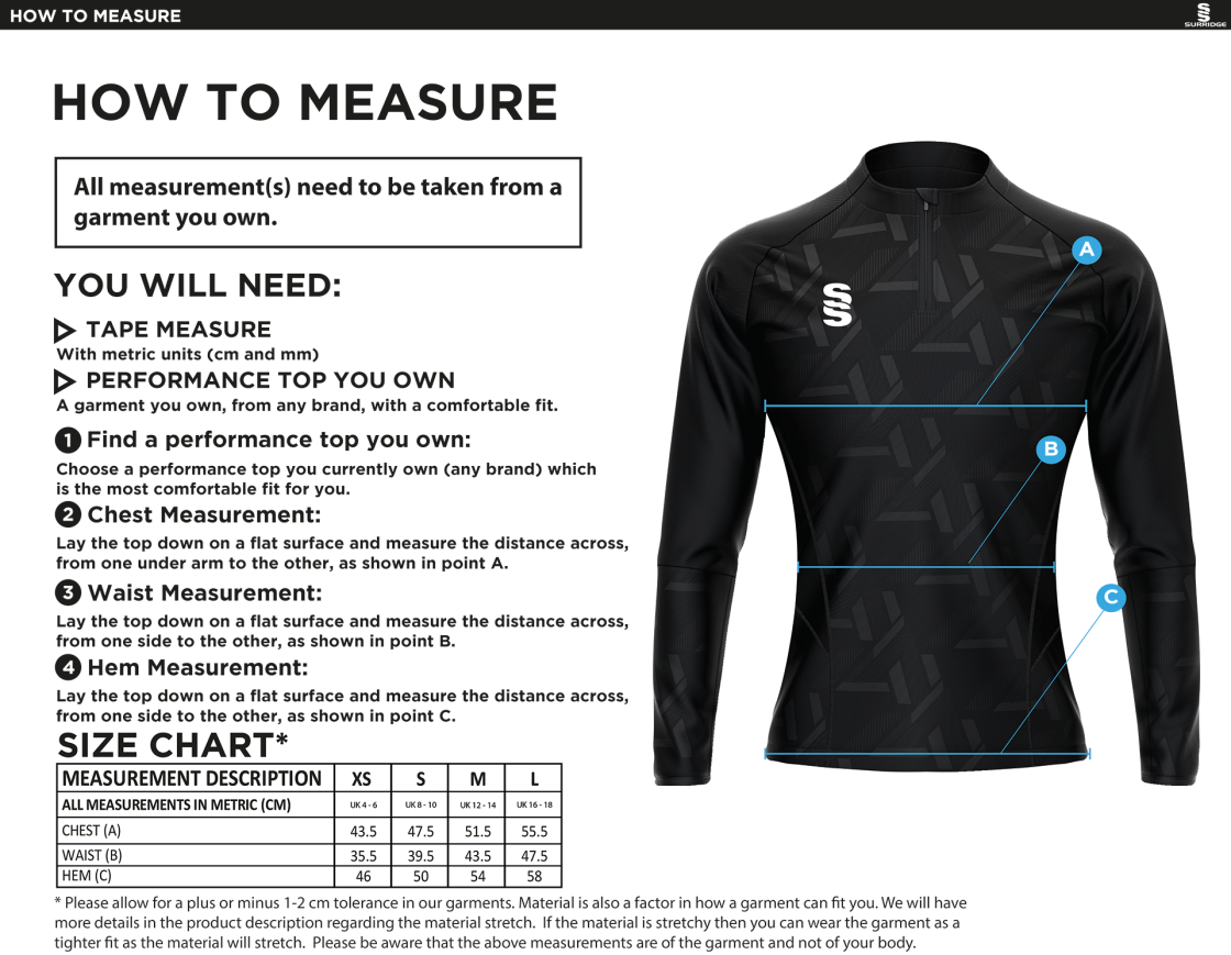 Ladies Kit - Impact 1/4 Performance Top - Ladies Fit - Size Guide
