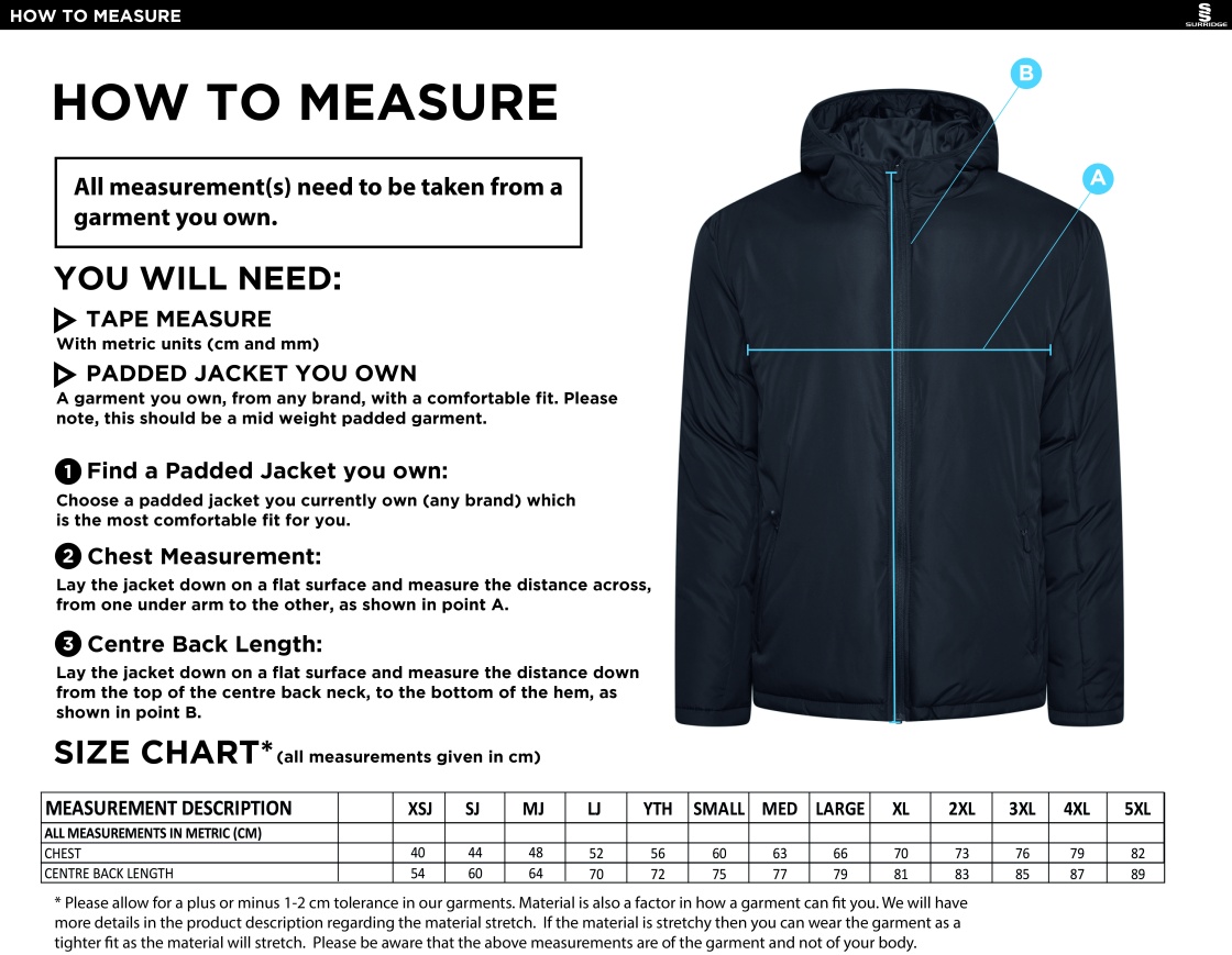 Training Kit - Active Padded Jacket - Navy - Size Guide