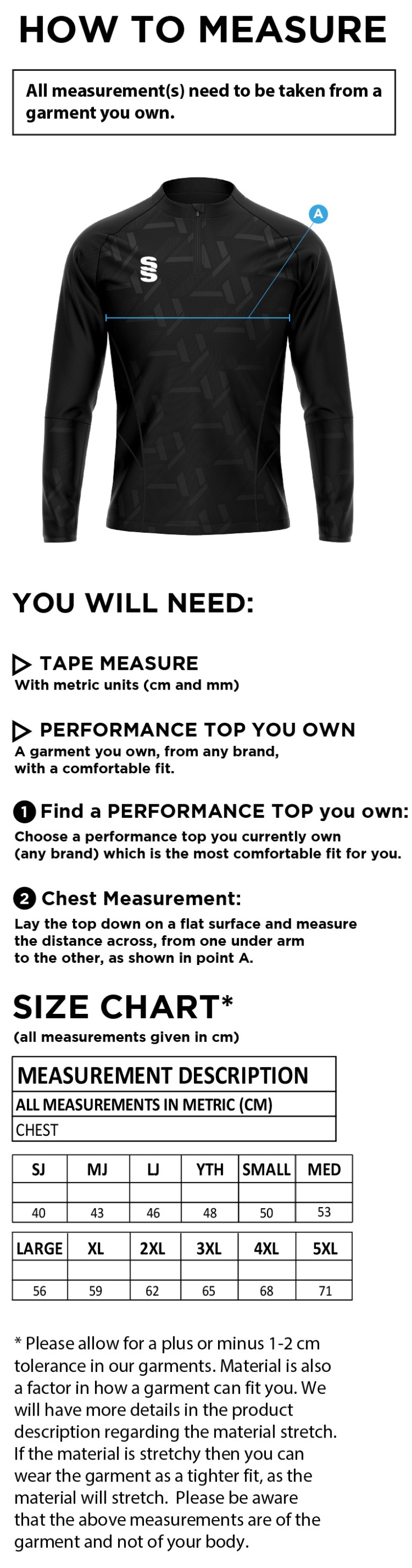 Ladies Kit - Impact 1/4 Performance Top - Unisex Fit - Size Guide