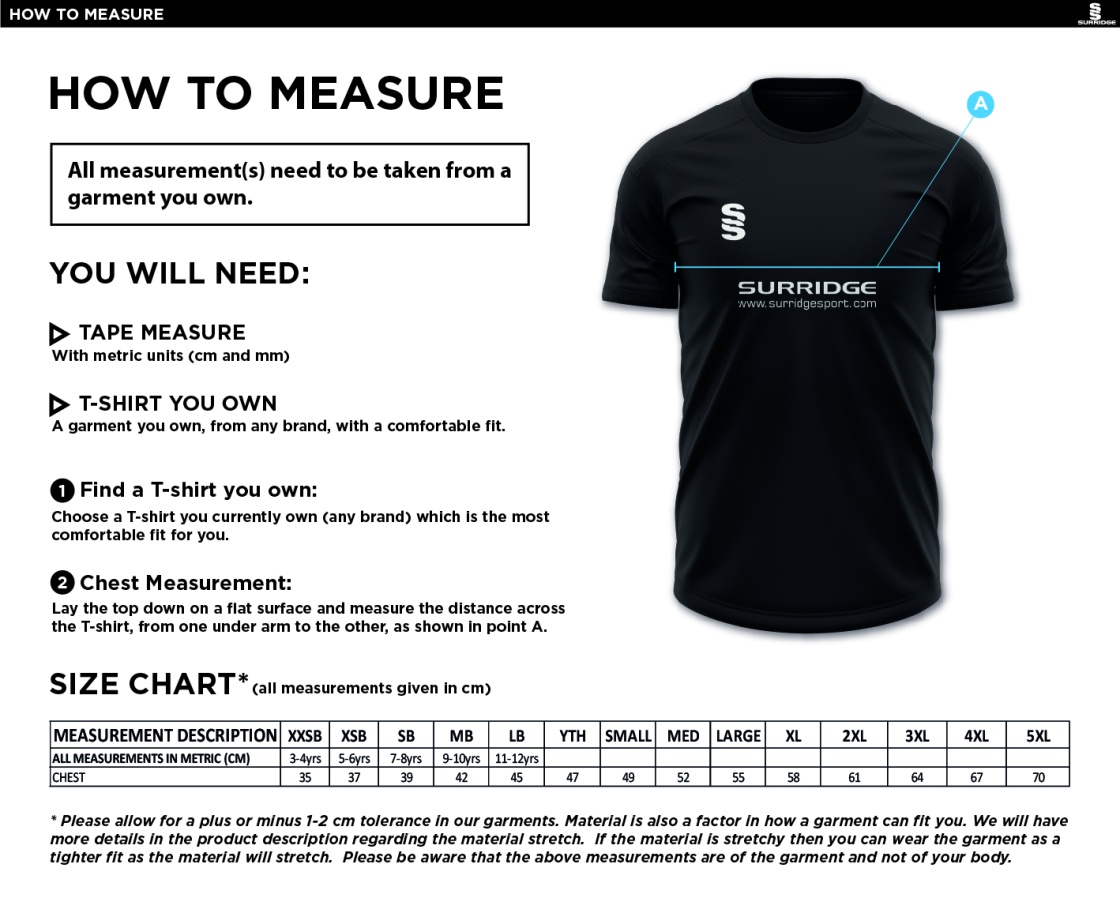 Bacup CC Dual Games Shirt : Navy - Size Guide