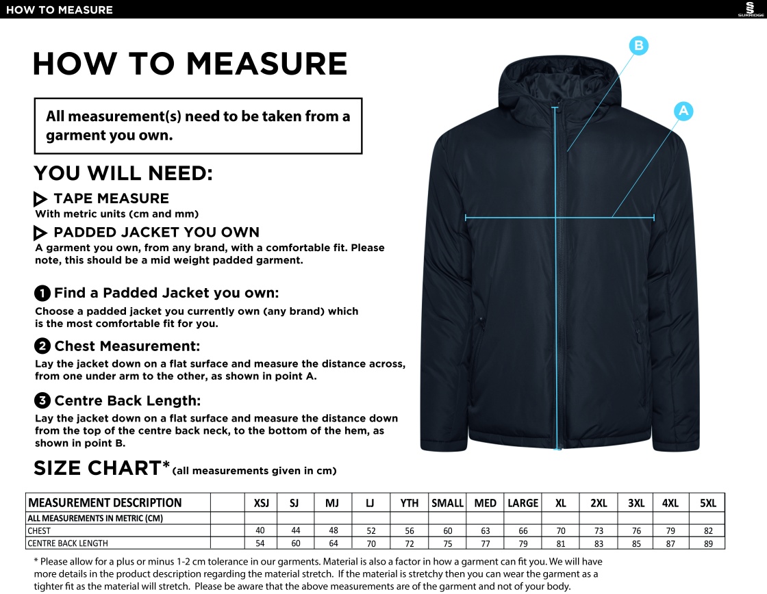 Training Kit - Active Padded Jacket - Navy - Size Guide