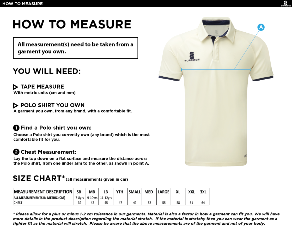 Bacup CC Tek short Sleeve Shirt - Size Guide