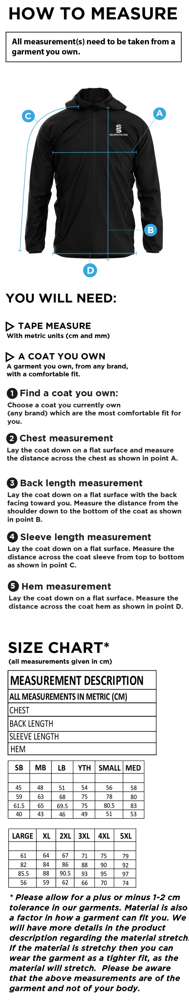 Training Kit - Dual Full Zip Training Jacket - Navy - Size Guide