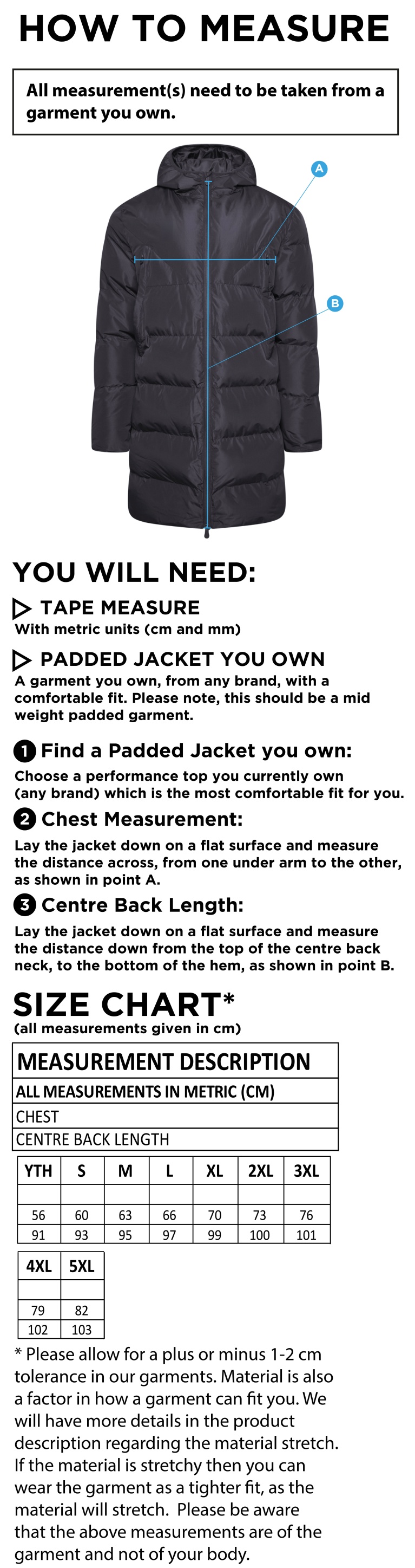 Training Kit - Active Long Padded Jacket - Navy - Size Guide