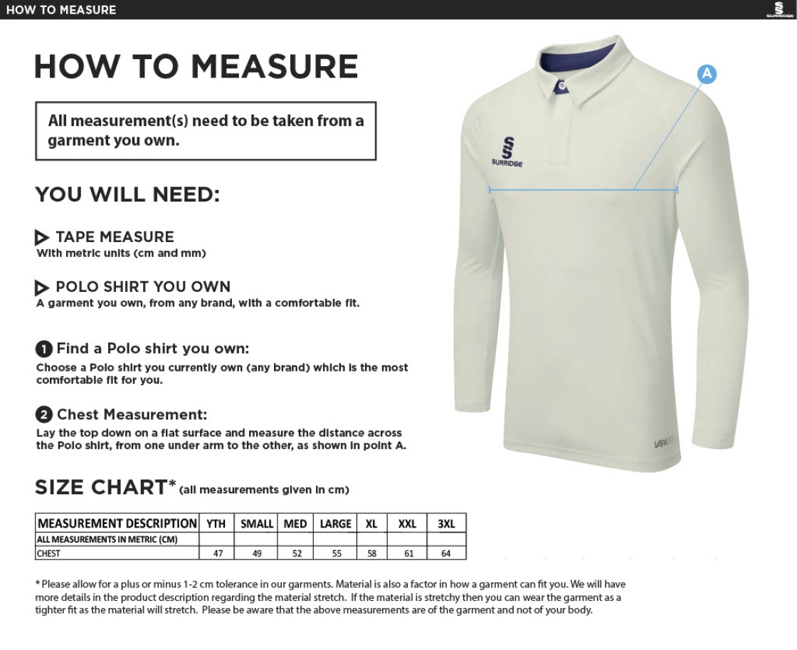 Playing Kit - Dual Cricket Shirt Long Sleeve - Size Guide