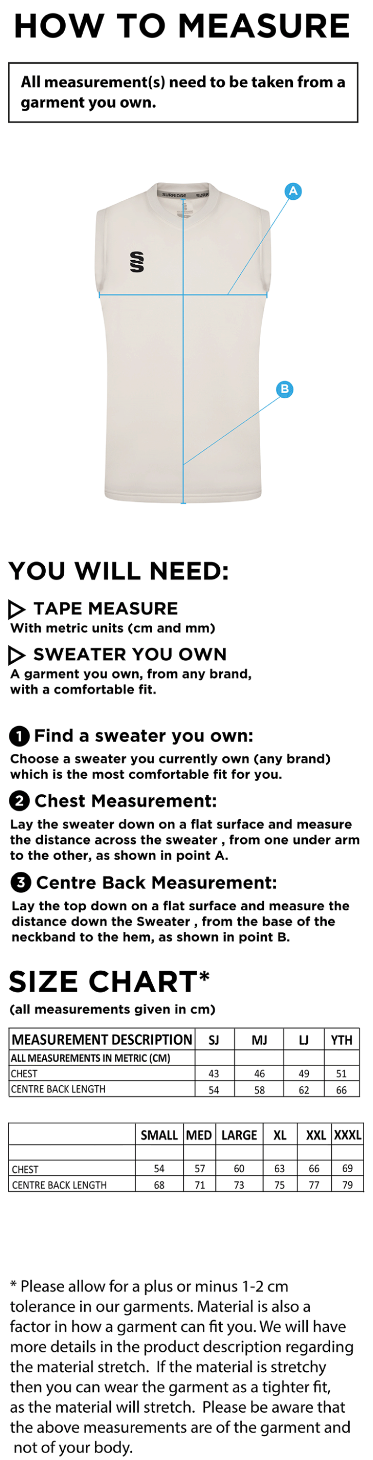 Playing Kit - Blast Sleeveless Cricket Sweater - Size Guide