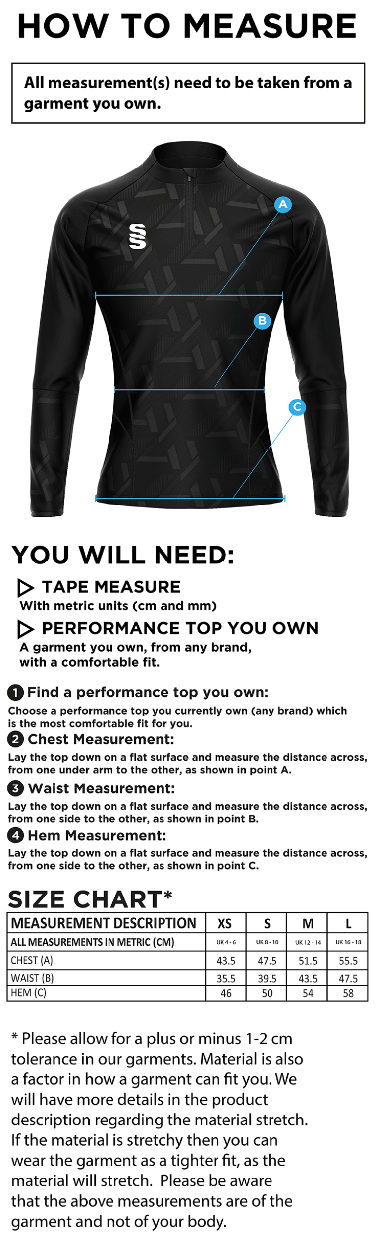 Ladies Kit - Impact 1/4 Performance Top - Ladies Fit - Size Guide