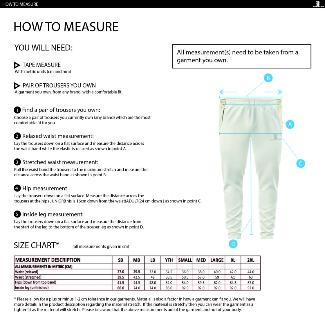 Bacup CC Tek Playing Pant - Size Guide