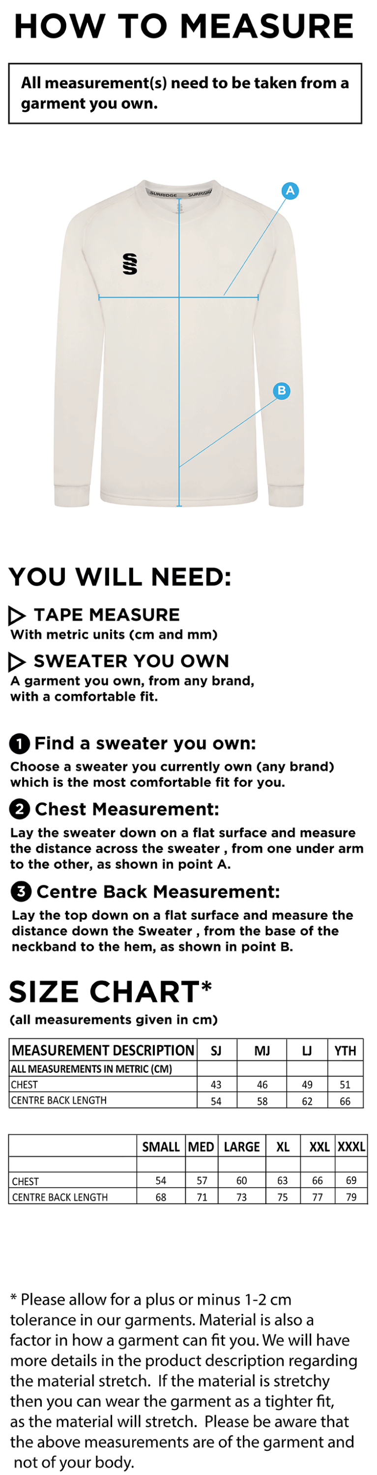 Playing Kit - Blast Long Sleeve Cricket Sweater - Size Guide