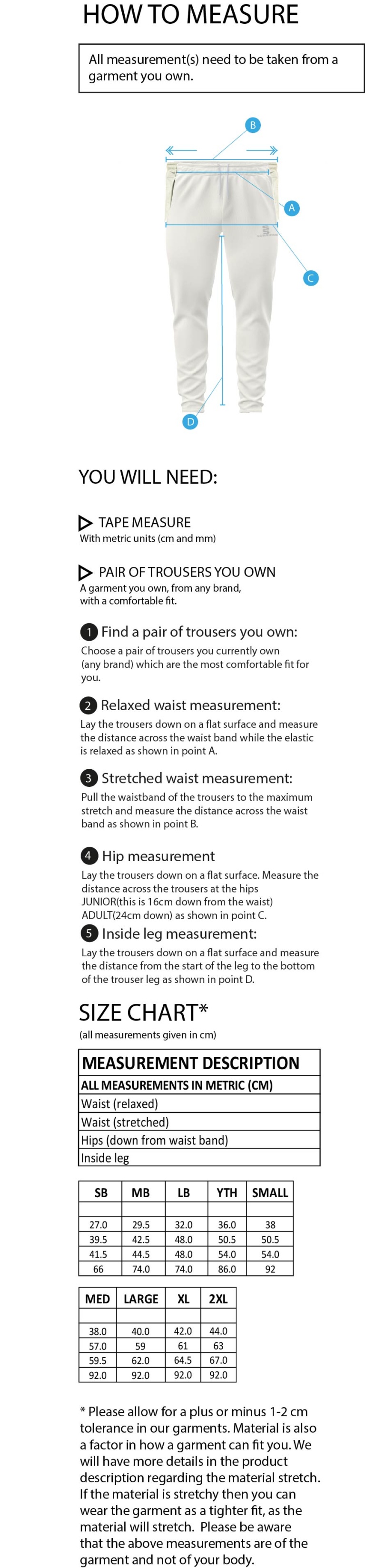 Training Kit - Blade Playing Pant - Size Guide