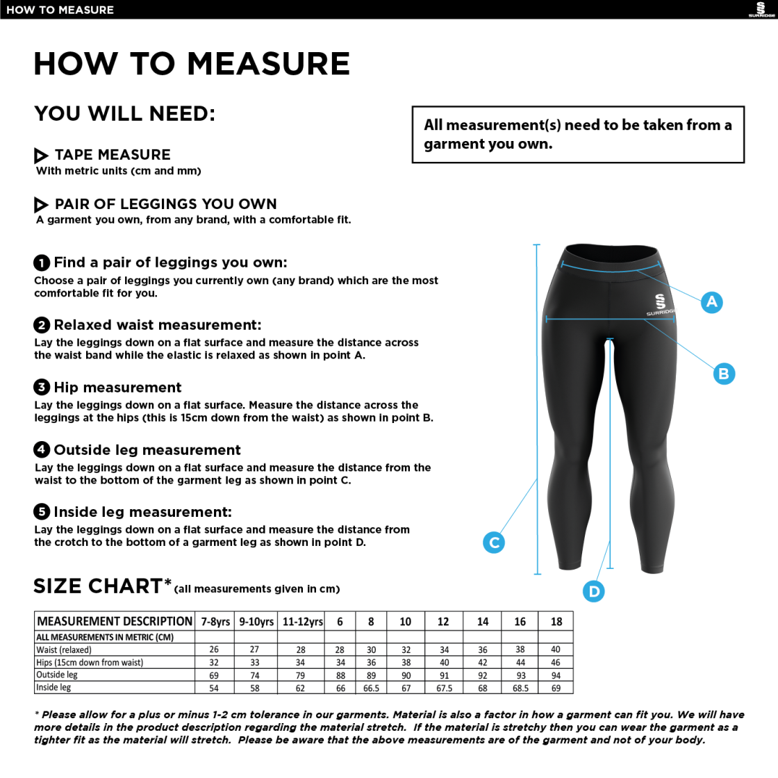 Ladies Kit - Performance Full Length Leggings - Size Guide