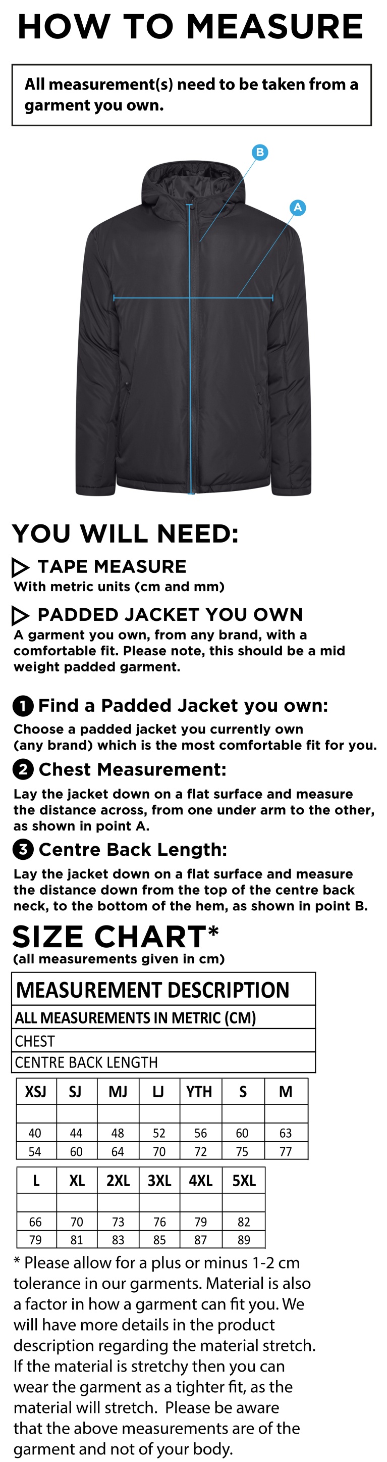 Training Kit - Active Padded Jacket - Navy - Size Guide