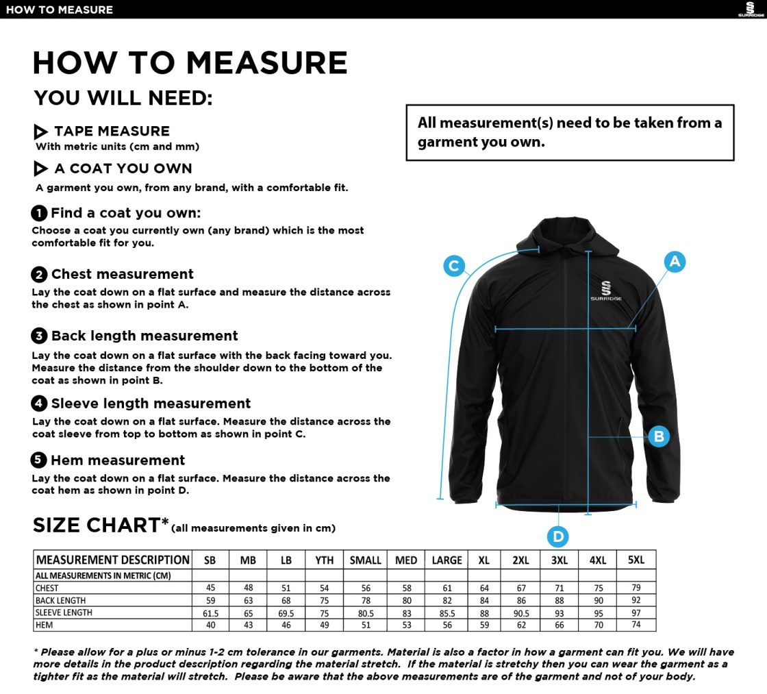 Bacup CC Dual Full Zip Training Jacket : Navy - Size Guide