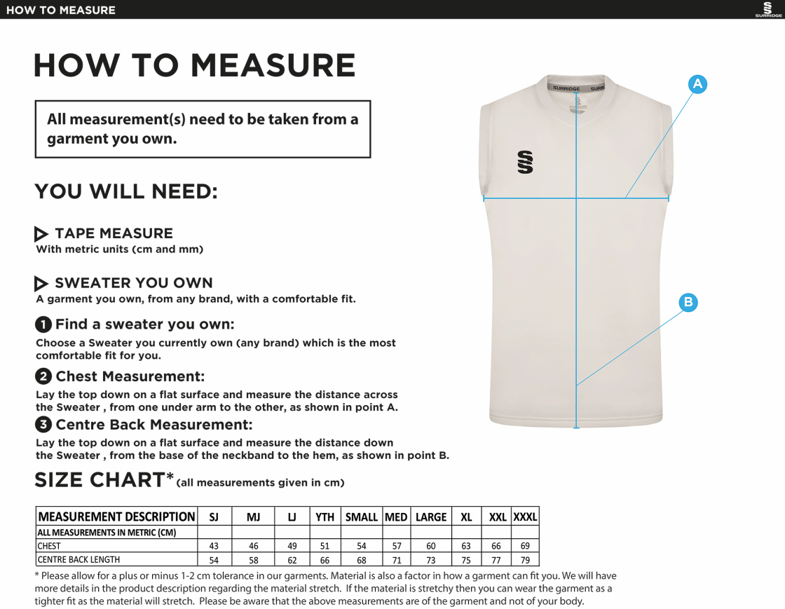 Playing Kit - Blast Sleeveless Cricket Sweater - Size Guide