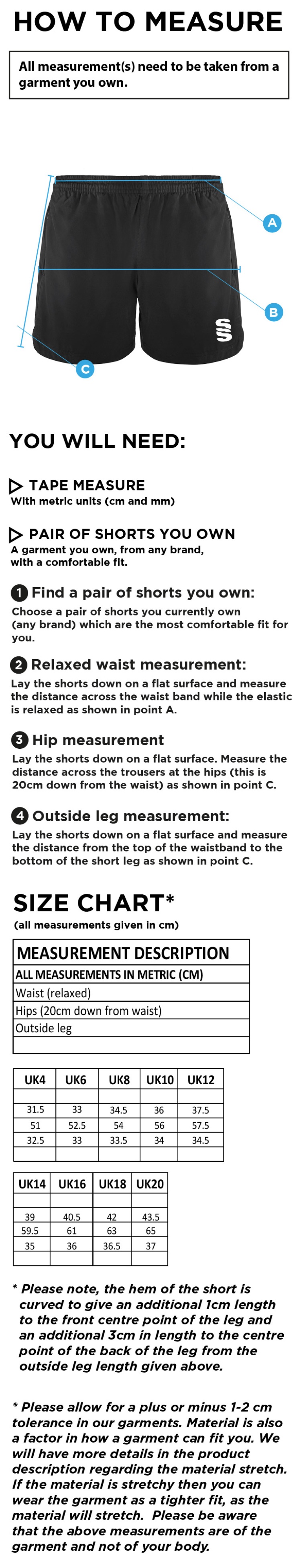 Ladies Kit - Performance Gym Short - Ladies Fit - Size Guide