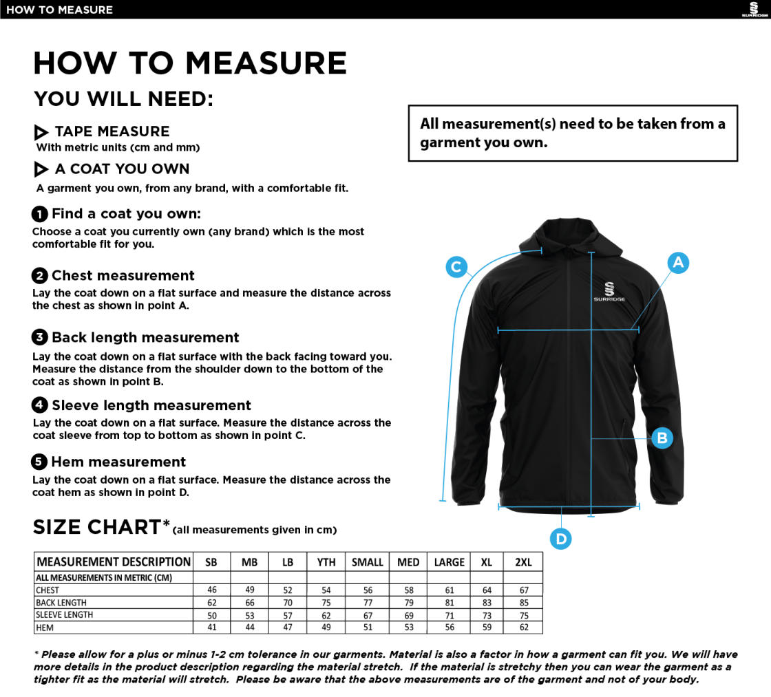 Bacup CC Dual Full Zip Training Jacket : Navy - Size Guide