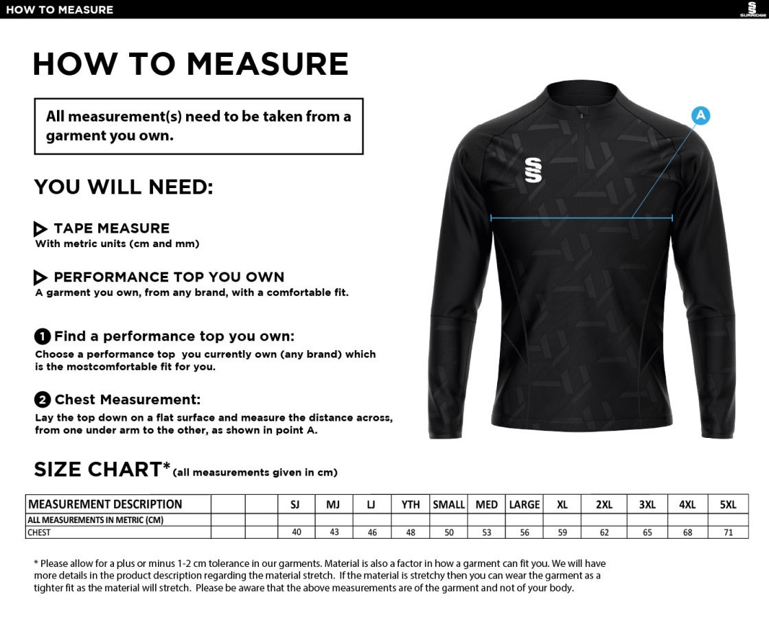 Training Kit - Impact 1/4 Zip Performance Top - Navy - Size Guide