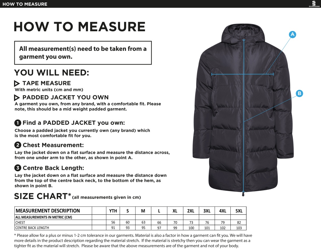 Training Kit - Active Long Padded Jacket - Navy - Size Guide