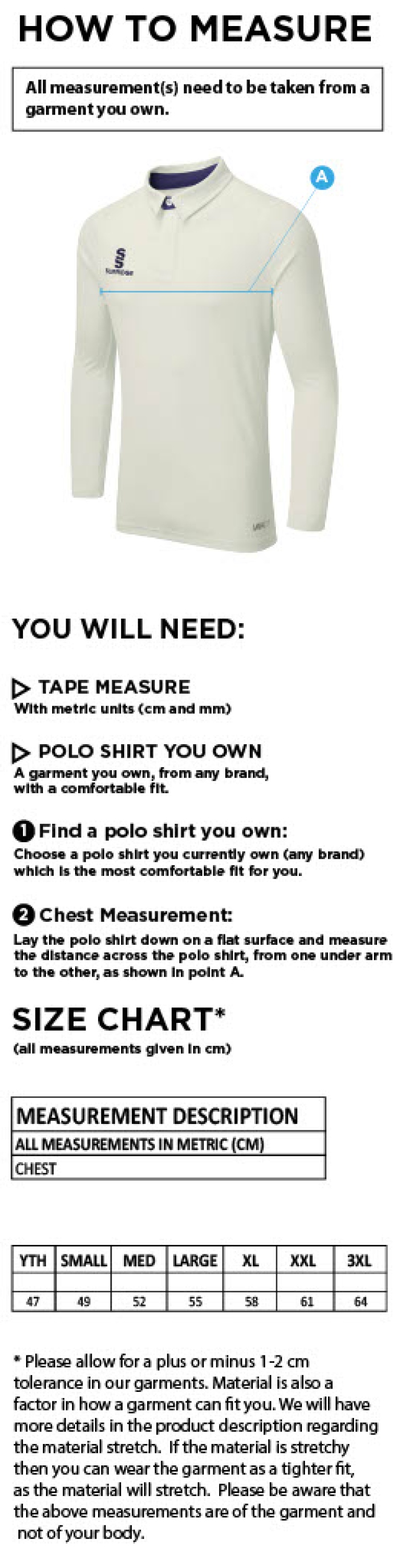 Playing Kit - Dual Cricket Shirt Long Sleeve - Size Guide