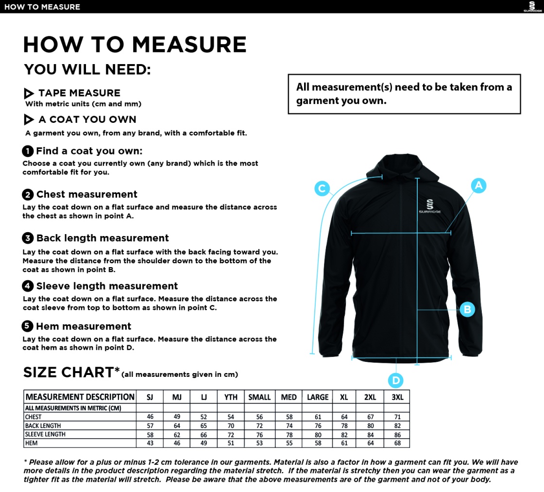 Ladies Kit - Dual Elite 1/4 Zip Hoody / Rain Jacket - Unisex Fit - Size Guide