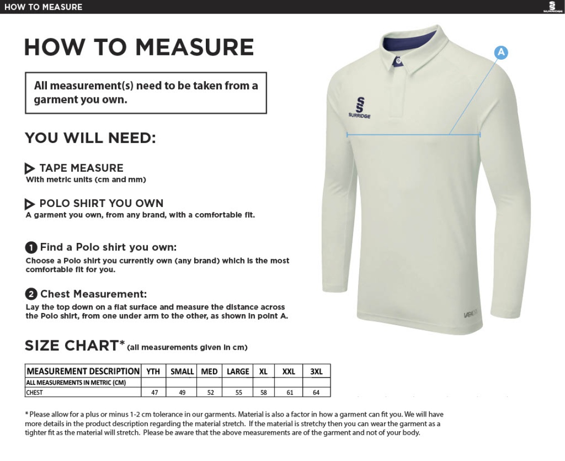 Bacup CC Tek Long Sleeve Shirt - Size Guide