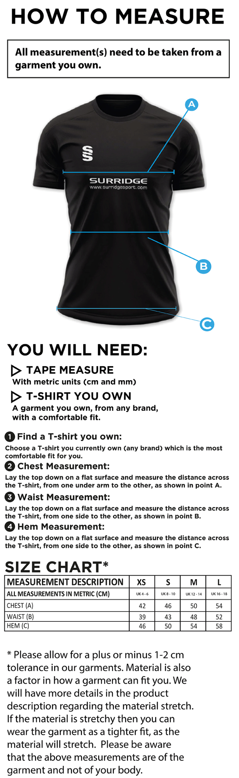 Ladies Kit - Impact T-Shirt - Ladies Fit - Size Guide